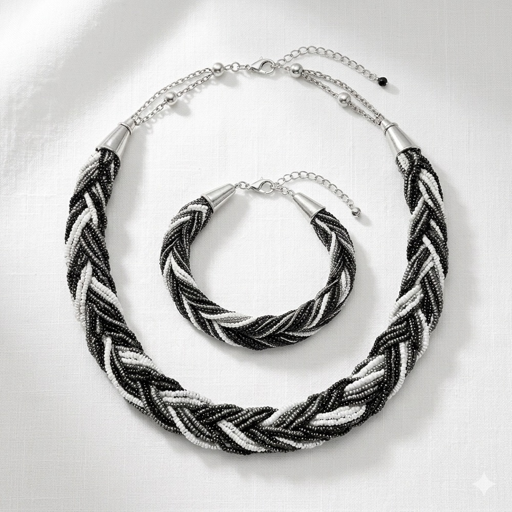 Black White Silver Gray Braided Seed Bead Statement Necklace Bracelet Set Cones - Picture 5 of 12